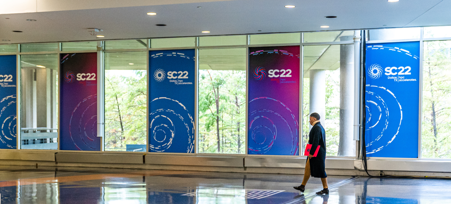 Photo of SC22 Conference hall with branded posters