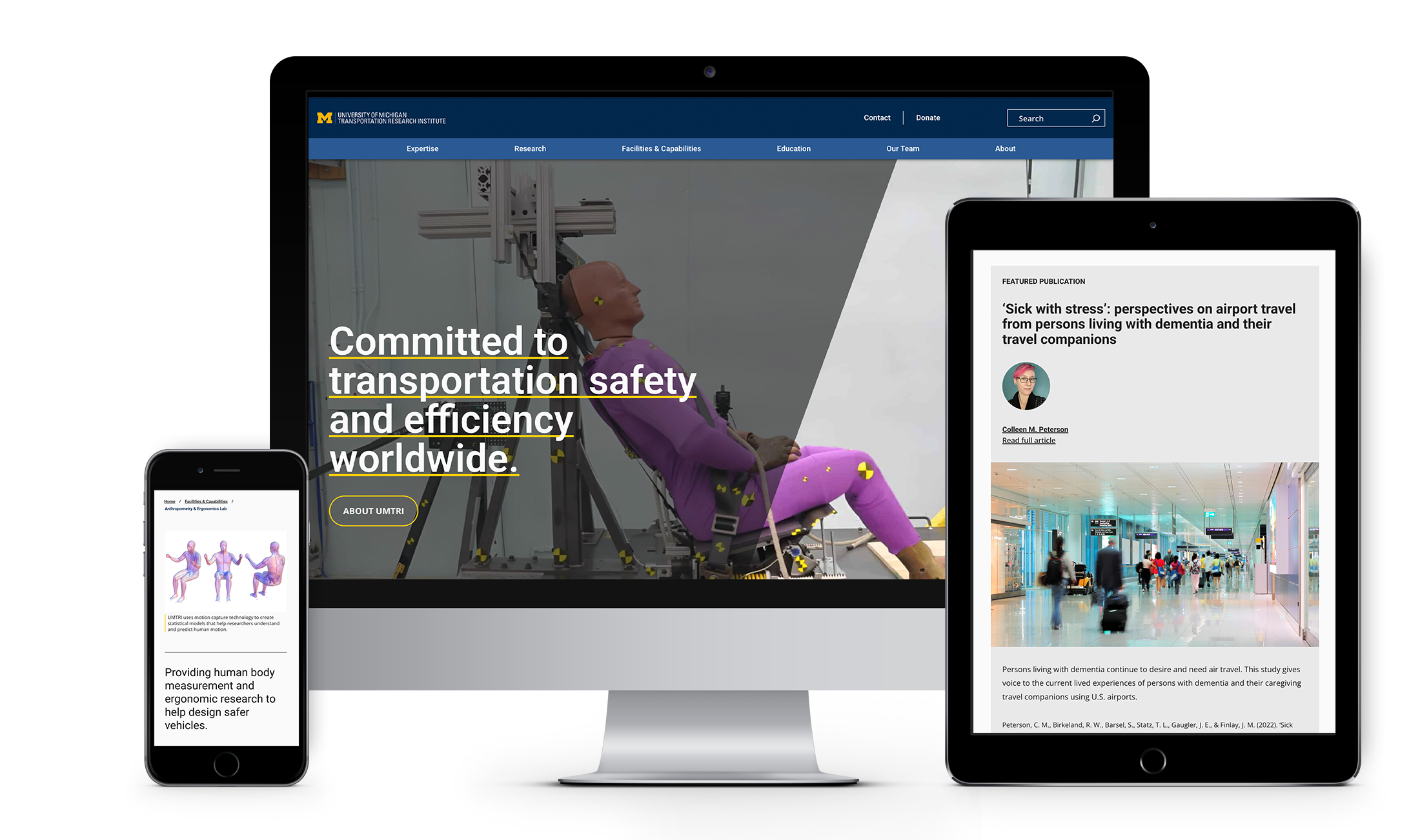 UMTRI website on desktop, tablet, and mobile phone