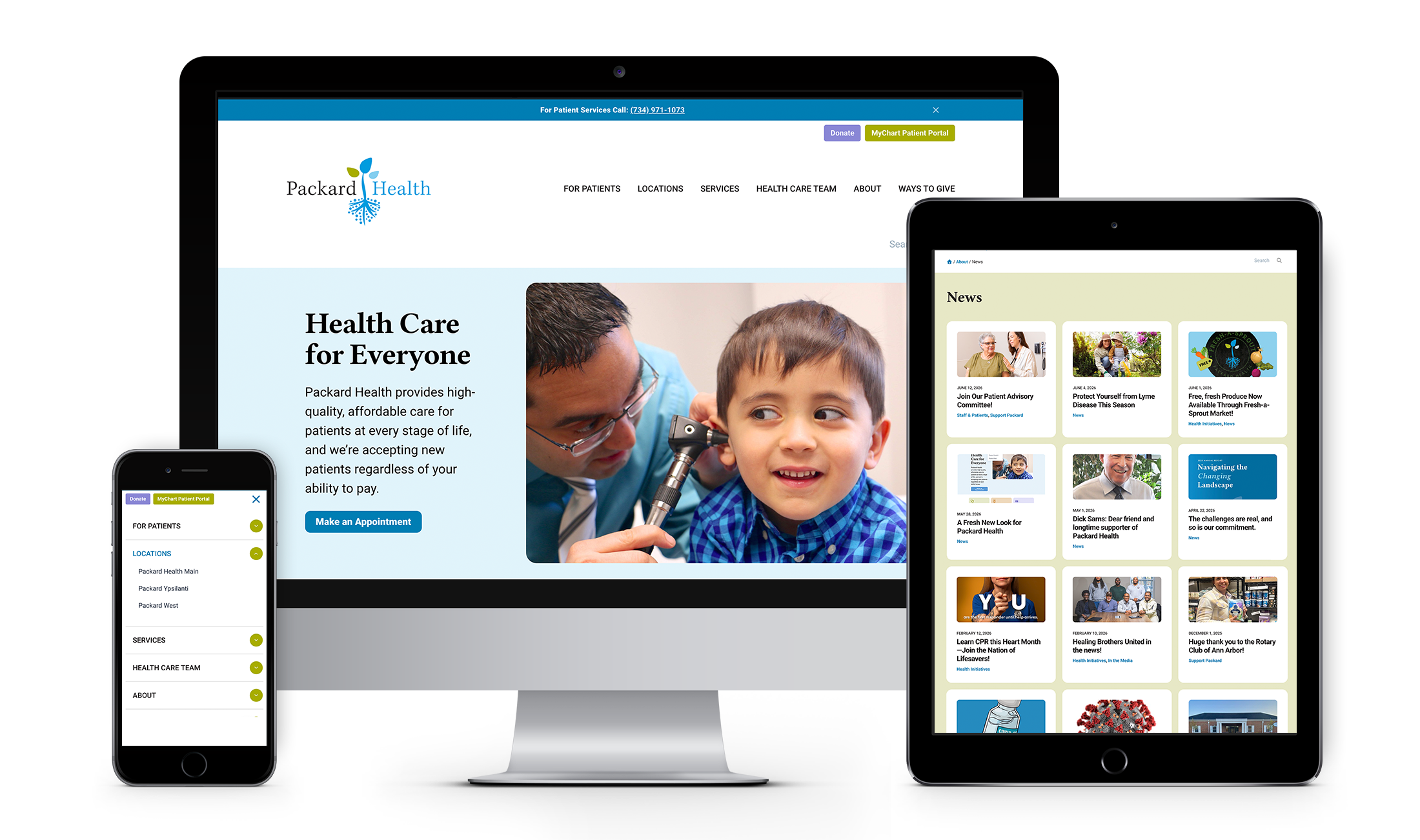 Packard Health website on desktop, tablet, and mobile phone